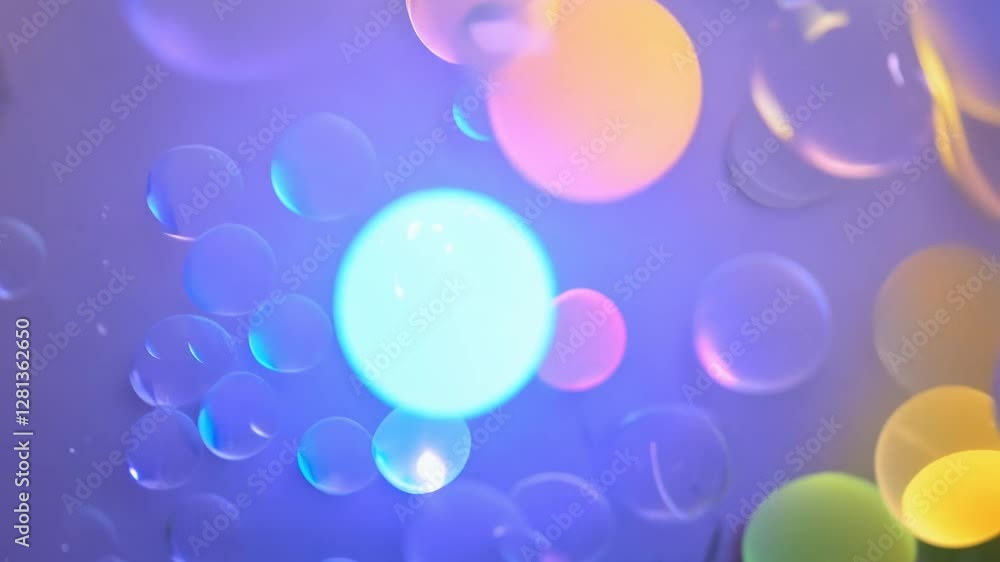 Poster time-lapse video of beautiful colorful soap bubbles illuminated by a subtly color-changing led light