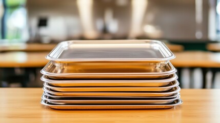 Cafeteria cleaning and hygiene practices Concept, Neatly Stacked Sanitized Dining Trays Ready for Service in a Commercial Kitchen Environment