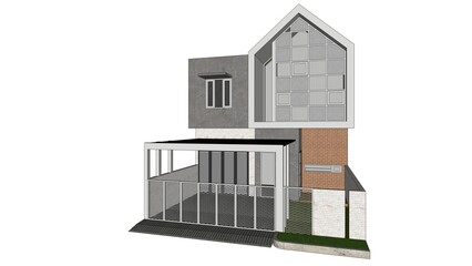 3D model of a modern house exterior. Grey and white tones, geometric shapes, and varied textures. Detailed architectural visualization, residential design concept, and digital building rendering