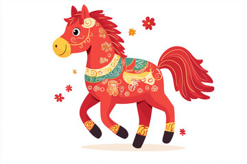 Adorable cartoon horse dressed in a traditional Chinese outfit on a red background with a gold theme