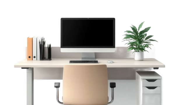 A computer and a sofa chair on the desk