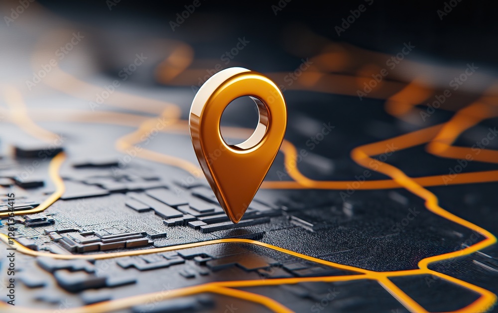 Poster a vibrant map with an orange location pin highlighting a specific point, showcasing urban layout and