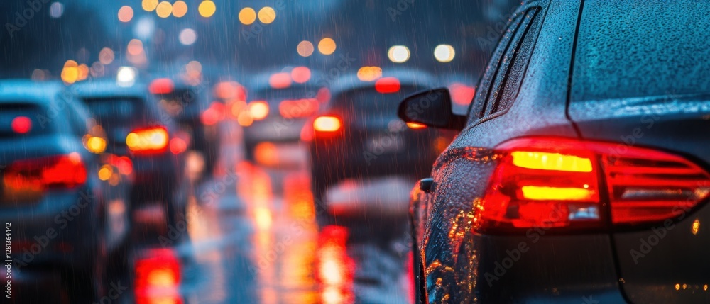 Poster moody evening traffic in city during heavy rainfall with blurred lights and car tail lights creating
