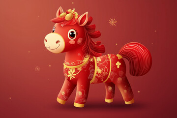 Fototapeta premium Adorable cartoon horse dressed in a traditional Chinese outfit on a red background with a gold theme
