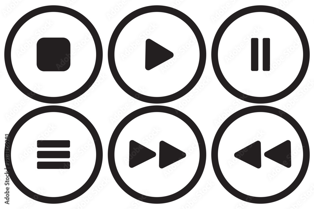 Aufkleber media player button icons set. pause, rewind, fast forward icon. ui elements. music player buttons. 