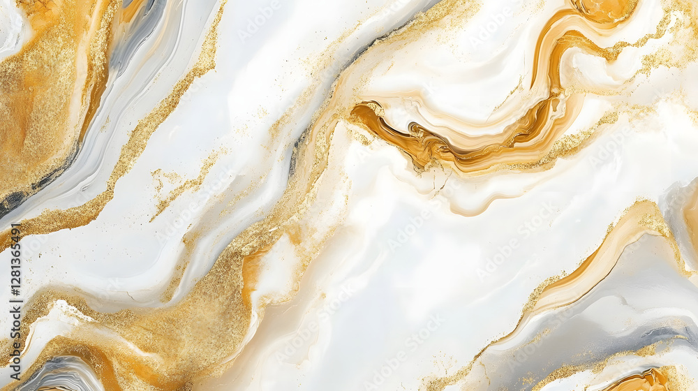 Poster Mesmerizing fluid swirls of abstract marble texture in warm gold and soft white tones creating an elegant contemporary design