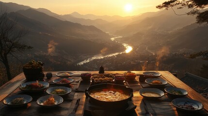 A serene sunset over mountains, showcasing a beautifully arranged dining table filled with food, set against a picturesque landscape.