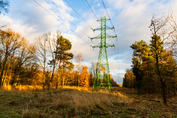 High voltage transmission towers unning through the autumn forest. Silesia, Poland