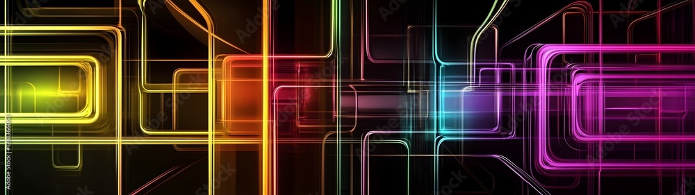 Poster Mesmerizing fractal shapes glowing neon patterns and vibrant prismatic effects create a captivating digital kaleidoscopic art design that is both futuristic and visually stunning