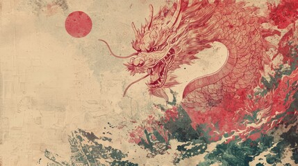 A majestic dragon rises from turbulent waves, set against a red sun, showcasing a blend of traditional art and mythical symbolism.