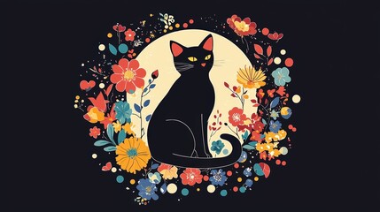 A black cat sits elegantly amidst vibrant flowers and a circular moon backdrop, blending nature and whimsy in a colorful design.