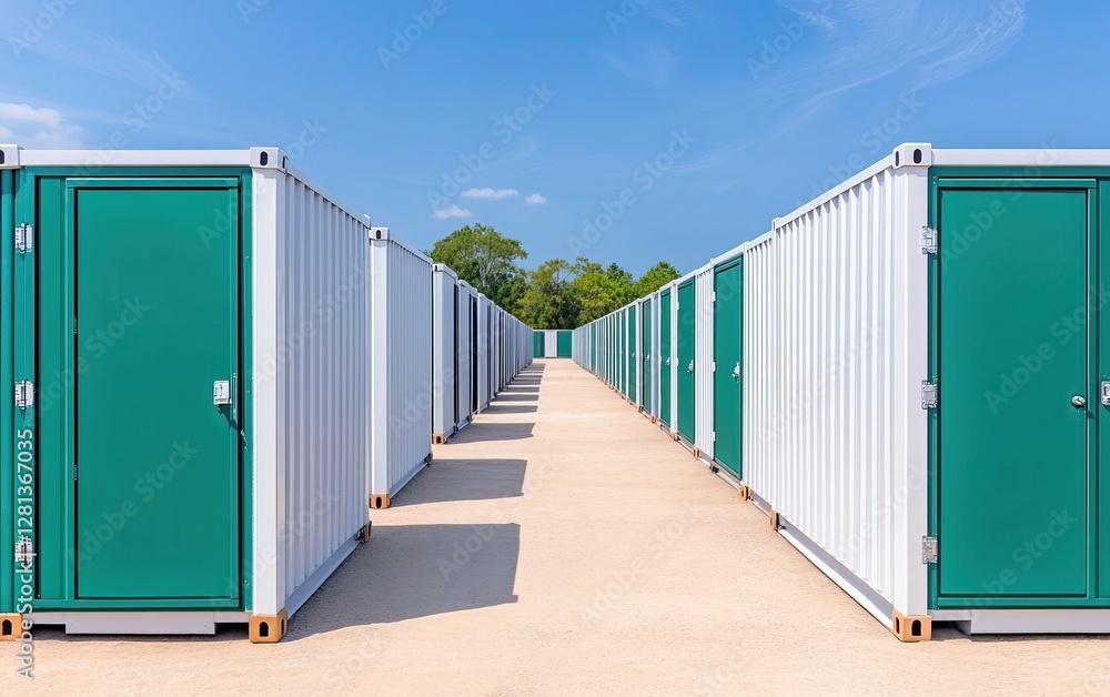 Poster a serene storage facility with neatly arranged containers under a clear blue sky, providing ample sp