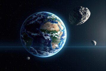 Obraz premium Earth and Three Asteroids in Space