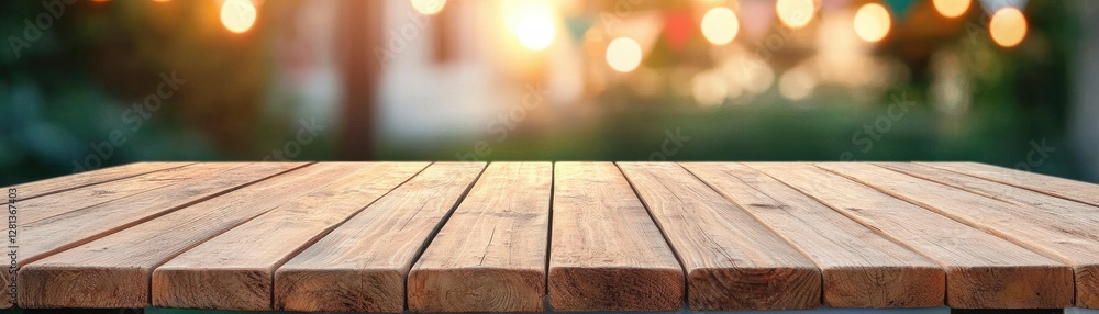 Poster Empty wooden table with warm bokeh lights in background for presentation or product showcase