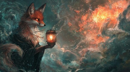 A mystical fox holding a glowing lantern amidst a cosmic backdrop of swirling colors and stars.