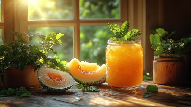 Sunlit cantaloupe iced tea in mason jar with mint garnish on wooden windowsill.