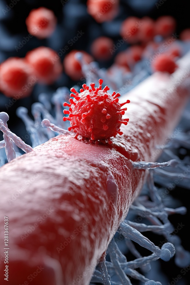 Poster a close-up view of a virus interacting with a cell, showcasing intricate details of cellular structu