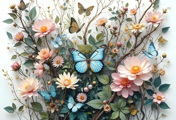 Fototapeta premium Flowers and Butterflies Collage with Botanical Elements: