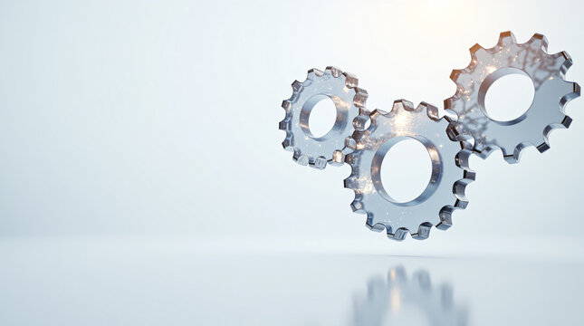 Generative AI Connected Gears, Innovation, and Technology Concept gear gears cog mechanical chrome metallic technology white background reflection engineering innovation teamwork progress