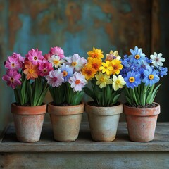 Vibrant array of colorful narcissus flowers in terracotta pots against a rustic textured backdrop creating a cheerful and springtime mood with a soft focus