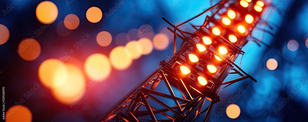 Poster a vibrant, close-up image of a tower with glowing lights against a blurred blue background, creating