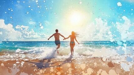 A vibrant scene of a couple joyfully running into the ocean waves, basking in the warmth of a sunny day.