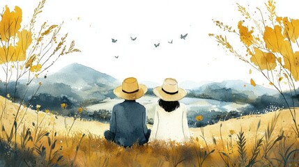 A serene watercolor scene depicting a couple in hats, sitting in a golden field, surrounded by nature and mountains under a clear sky.
