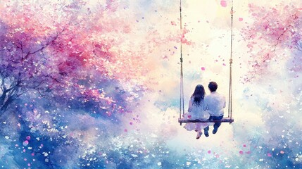 A serene couple swings together amidst a dreamy landscape filled with colorful blossoms and soft, ethereal hues.