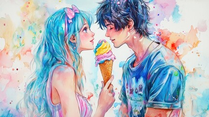 A romantic watercolor illustration of a couple sharing an ice cream cone, surrounded by colorful splashes, capturing a sweet, intimate moment.