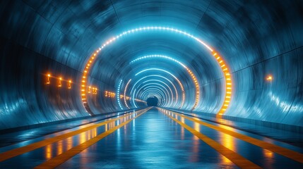 A futuristic tunnel with blue and orange lights creating an endless loop effect in a sleek modern design