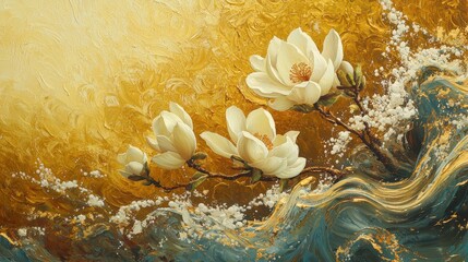 A serene painting featuring elegant white blossoms against a golden and blue background, evoking tranquility and beauty in nature.