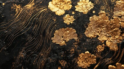 A stunning close-up of intricate gold floral patterns on a dark background, showcasing traditional craftsmanship and elegance.