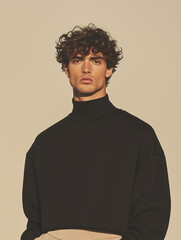 Fototapeta premium Male fashion concept. Portrait of a handsome american young male model wearing designer clothes and posing on beige background. Catalogue, campaign style. Studio shot