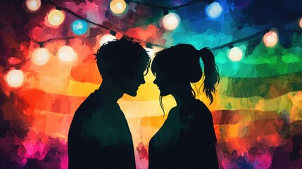 A vibrant silhouette of a couple sharing a tender moment under colorful lights, evoking love and joy.