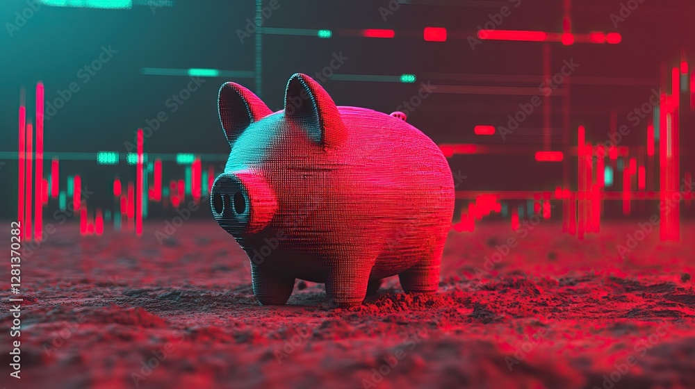 Poster a vibrant, digital piggy bank stands on a textured surface, surrounded by abstract data visualizatio