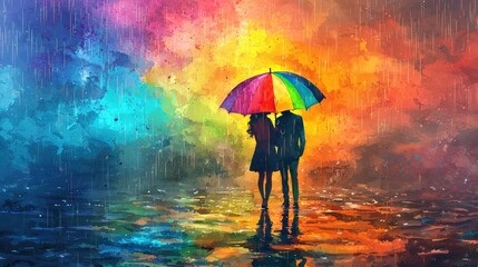 A vibrant scene of a couple under a colorful umbrella, standing in the rain amid a backdrop of colorful, abstract lighting.