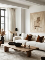 The minimalist living room features contemporary decor and natural elements