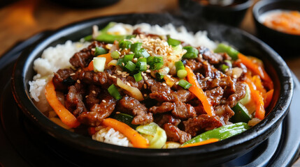 Fototapeta premium sizzling plate of bulgogi served with rice and colorful vegetables, creating delicious and appetizing meal