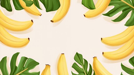 Yellow Bananas and Green Leaves on Beige Background