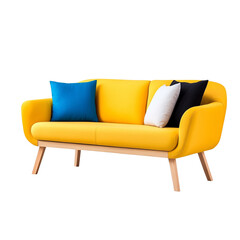 Fototapeta premium Modern yellow sofa with colorful pillows, white isolate background