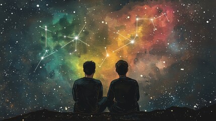 Two silhouettes sit together, gazing at a vibrant cosmic scene filled with stars and colorful nebulas, evoking wonder and connection in the universe.