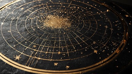 A celestial map featuring intricate golden patterns on a dark background, depicting stars and cosmic elements.