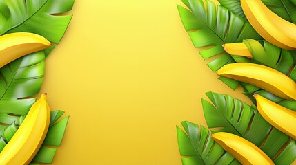 Yellow Bananas and Lush Green Leaves on Yellow Background