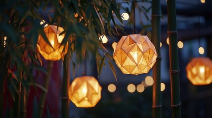 Warm, glowing lanterns hang among greenery, creating a cozy, enchanting atmosphere in a twilight setting.