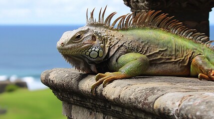 majestic iguana sunbathing by the coastline