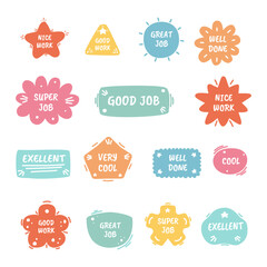 Set of 15 colorful labels with positive affirmations like 'Nice Work,' 'Great Job,' 'Excellent,' 'Well Done,' and 'Super Job.' Vector illustrations for awards, stickers, and motivation.