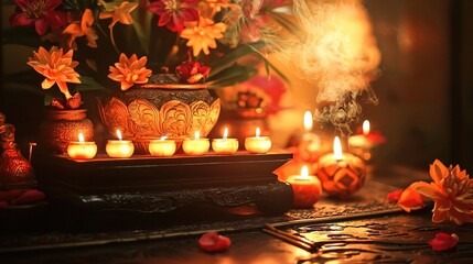 A serene arrangement of candles, flowers, and decorative elements, creating a peaceful and spiritual ambiance.