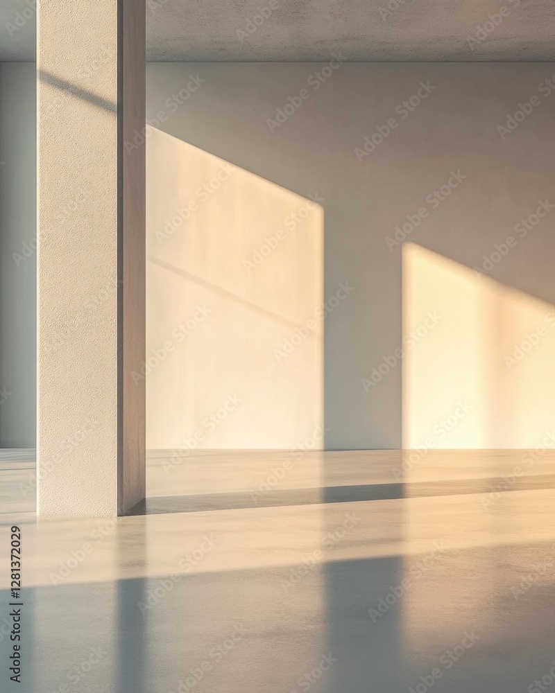 Poster minimalist interior with sunlight casting shadows on concrete walls and floor in a modern architectu