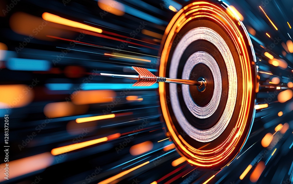 Poster a dynamic image of a dart arrow striking a target, surrounded by vibrant motion lines, symbolizing s
