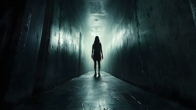 Illustrate a shadowy figure standing at the far end of a dark tunnel creating an eerie atmosphere with mysterious shadows and suspenseful feelings